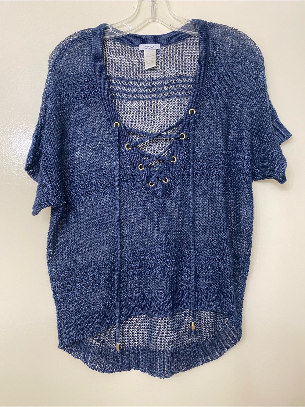 Cache Navy Open-Knit Lace-Up V-Neck Sweater